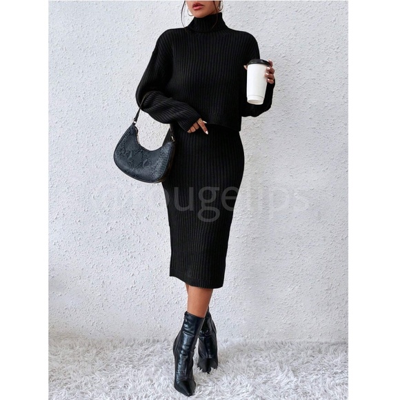 Black 2 Piece Set: Knit Midi Pencil Dress and Turtleneck Pullover Sweater - Picture 4 of 9